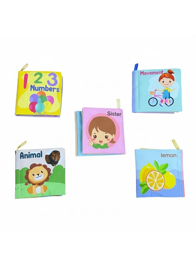 4b242578-cd2f-4cc4-a2eb-7d70cbe7d210.jpeg مجموعة كتب قماشية آمنة وناعمة من 5 قطع للأطفال – ألعاب تعليمية أساسية لتنمية الطفل المبكرة