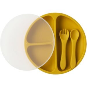Complete Silicone Baby Feeding Set – Divided Suction Plate with Lid, Fork and Spoon – Microwave, Freezer & Heat Safe