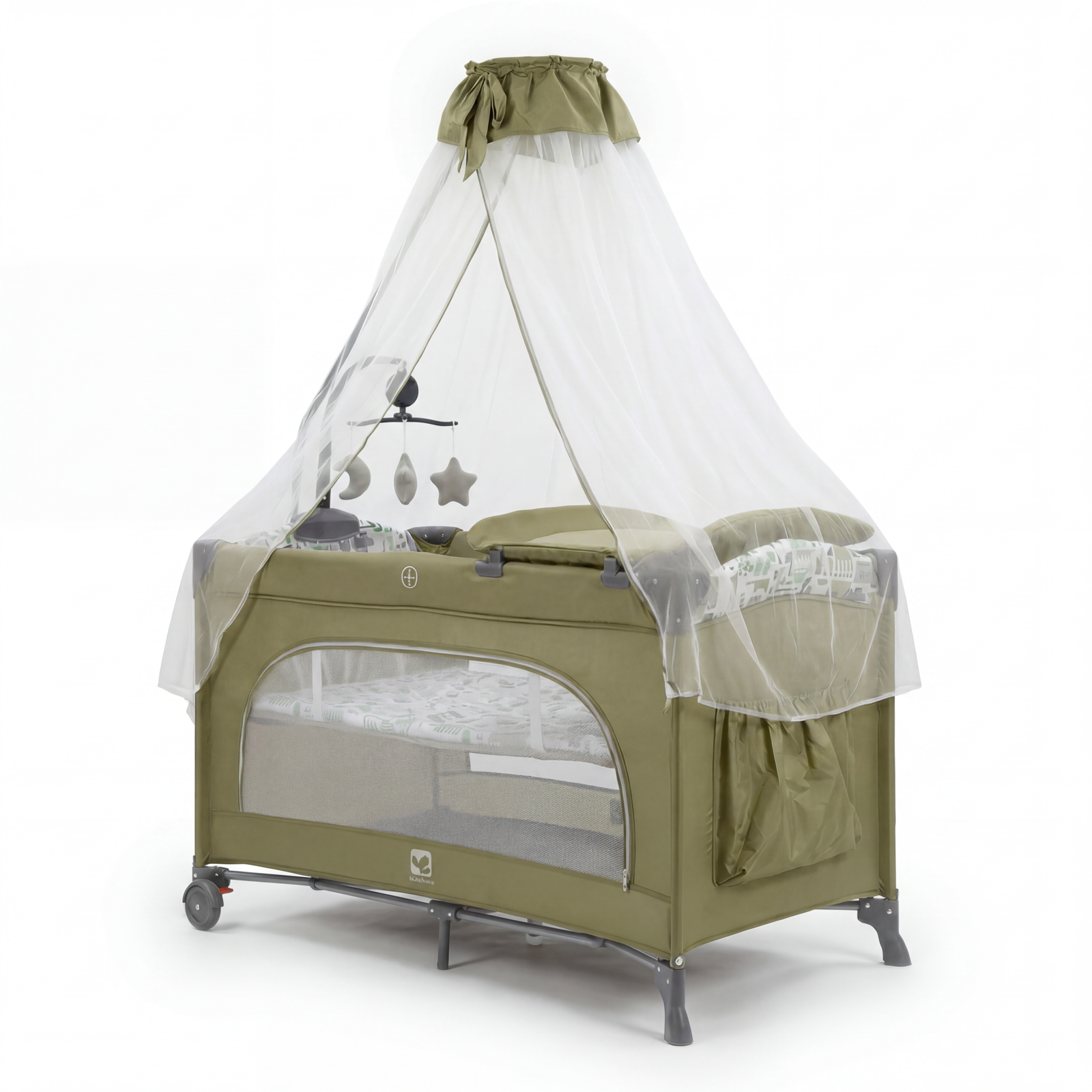 سرير أطفال متنقل دورين (Baby Travel Cot) قابل للطي مع ناموسية، فتحة جانبية بسوستة، ألعاب معلقة، وعجلات بفرامل – محبس للأطفال (kdd7)-khaki