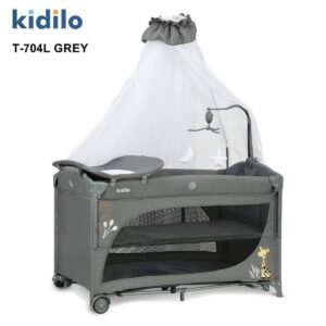 Two-Level Portable Rocking Baby Crib with Mosquito Net, Changing Table and Silent Wheels – Foldable Bedside Crib (T704) – Dark Grey